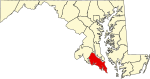 Mapa de Maryland con la ubicación del condado de Saint Mary's