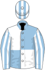 Light blue and white (quartered), striped sleeves and cap
