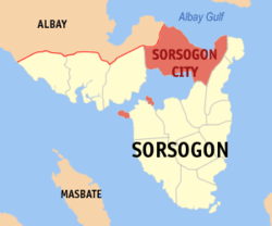 Mapa ng Sorsogon na nagpapakita ng lokasyon ng Lungsod ng Sorsogon.