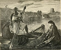 Arthur, accompagné de Merlin, allant chercher Excalibur de la main de la Dame du Lac. Illustration d'un livre de 1877.