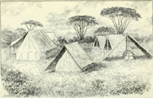 Croquis rapproché avec cinq tentes dans la savane