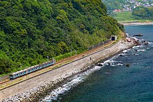 伊豆急行線の伊豆稲取 - 今井浜海岸間の海沿い区間を走行する、伊豆急8000系