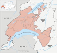 Mapa konturowa Vaud, blisko centrum na dole znajduje się owalna plamka nieco zaostrzona i wystająca na lewo w swoim dolnym rogu z opisem „Jezioro Genewskie”