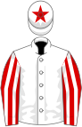 White, red and white striped sleeves, star on cap