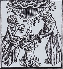 Gravure en noir et blanc représentant deux sorcières préparant un maléfice de mauvais temps dans un chaudron, avec un gros nuage avec de pluie au-dessus de leurs têtes, auteur inconnu vers 1489.