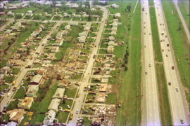 Aerial photograph of damage to a neighborhood