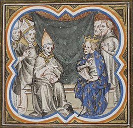 Le roi Philippe Ier et le pape Pascal II représentés dans une enluminure des Grandes Chroniques de France de Charles V, vers 1370-1379. BnF, département des manuscrits, ms. Français 2813, fo 187 ro.