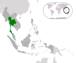 भूरे रंग में दक्षिण पूर्व एशिया और हरे रंग में थाईलैण्ड