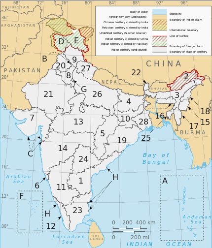 Nummereret kort over Indiens delstater.