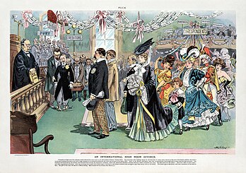Dessin illustrant l'ambiance burlesque du divorce d'Anna Gould et Boni de Castellane, en 1906. (définition réelle 7 344 × 5 161)