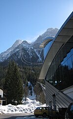 Cable car Tiroler Zugspitzbahn (Austria) up to the summit. Blick von Talstation in Ehrwald zur Spitze