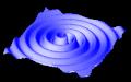 Illustration af 2 stjerner som spirallerer tæt om hinanden og som udsender gravitationsbølger som konsekvens af deres frie fald mod hinanden. Bølgernes amplitude burde have aftaget med afstanden fra massecenteret.