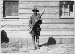 (African American) member of the telephone and telegraph battalion at Camp Upton, Long Island. - NARA - 533569.tif