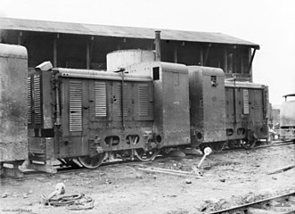 A pair of trench railway tractors in the Minico yard of the Australian 17th Light Railway Operating Company during the Battle of Passchendaele.