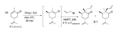 Metilació de la carvona amb Me₂CuLi, seguit de l'al·lilació amb bromur d'al·lil