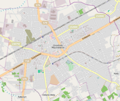 Mapa konturowa Grodziska Mazowieckiego, na dole po lewej znajduje się punkt z opisem „Przedsiębiorstwo Komunikacji Samochodowej w Grodzisku Maz.”