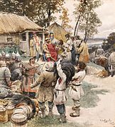 O príncope Igor recollendo os tributos dos drevlianos. Pintura de Klavdy Lebedev (século XIX).