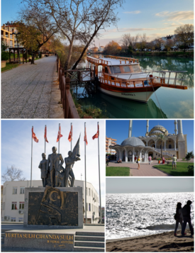 Saat yönünde: ·Manavgat Nehri'ndeki bir gemi· Manavgat Külliye Camii·Manavgat Atatürk Anıtı· Manavgat Sahilindeki bir çift·