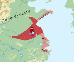 Xu at its greatest extent in the mid 8th century BC. 1) dark red: Xu heartland; 2) red: Xu-led Huaiyi confederation; 3) pink: Xu allies or under Xu influence.