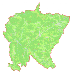 Mapa konturowa gminy Cerkno, na dole nieco na prawo znajduje się punkt z opisem „Jazne”