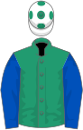 Emerald green, royal blue sleeves, white cap, emerald green spots