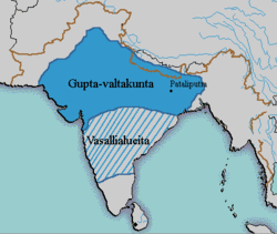 Gupta-valtakunnan suurin laajuus ja vasallialueet 400-luvun alussa.