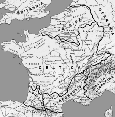 Map of Gaul with tribes, 1st century BC; the Cadurci are circled.