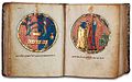 Miscelánea hebreo-francesa, c. 1278-98. La página de la derecha, folio 521b, presenta un medallón con Abraham a punto de sacrificar a Isaac y el ángel deteniéndolo.