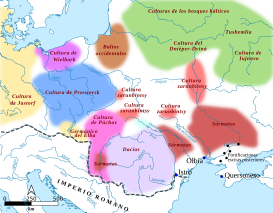 Los dacios en la frontera con Roma (mapa de Roma y los pueblos bárbaros ca. 105) según el punto de vista ruso, que sitúa a los sármatas y no a los dacios en la actual República de Moldavia.