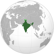 Image o a globe centred on Indie, wi Indie heichlichtit.