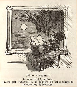 "Promenades au Salon" Cham prohlíží obrazy na Salonu 1865, včetně Benassitova Clair de Lune.[6]