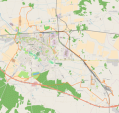 Mapa konturowa Zduńskiej Woli, po lewej znajduje się punkt z opisem „Dom Urodzenia św. Maksymiliana Kolbe w Zduńskiej Woli”