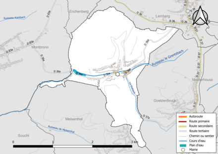 Carte en couleur présentant le réseau hydrographique de la commune