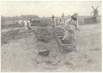 Kloster Mont des Cats: Trappisten verlegen Decauville-Gleise für die Erdbewegung in der Landwirtschaft und transportieren Bier auf einem aus Decauville-Schienen gebauten Wagen, 1898