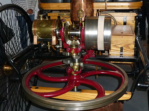 Replica of Benz tricycle, a 1885 pioneer of Automobiles, 'benzine driven.
