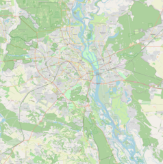 Mapa konturowa Kijowa, blisko centrum u góry znajduje się punkt z opisem „Centrum Wolności Obywatelskich”