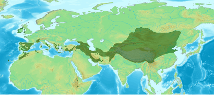 Reliefkarte Eurasiens mit grün eingezeichneter Verbreitung