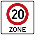 quadratisches Schild mit weißem Grund, darauf ein rundes Schild mit rotem Rand und der Beschriftung "20", darunter in schwarzer Schrift "ZONE"