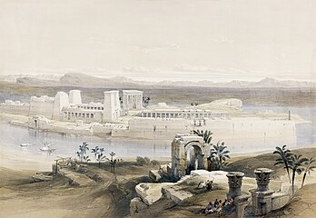 Blick vom Tempel von Bīga auf den Tempel von Philae (Zeichnung von David Roberts (1796–1864))