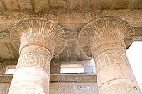 Columns with inscribed and painted Egyptian hieroglyphs, from the hypostyle hall of the Ramesseum (at Luxor) built during the reign of Ramesses II (r. 1279–1213 BC)]]
