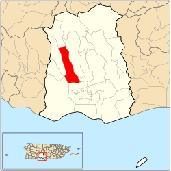 Location of barrio Magueyes within the municipality of Ponce shown in red