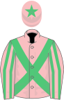 Pink, emerald green cross belts, pink and emerald green striped sleeves, pink cap, emerald green star