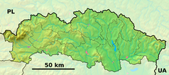 Mapa konturowa kraju preszowskiego, u góry po prawej znajduje się punkt z opisem „CHKO Východné Karpaty”