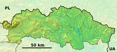 Mapa konturowa kraju preszowskiego, po lewej znajduje się punkt z opisem „źródło”, powyżej na lewo znajduje się również punkt z opisem „ujście”