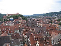 Tübingen Altstadt from the Stiftskirche bell tower in July 2007.