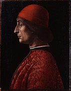 Portrait d'un homme vêtu de rouge, tourné vers la gauche.