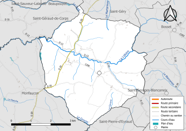 Carte en couleur présentant le réseau hydrographique de la commune