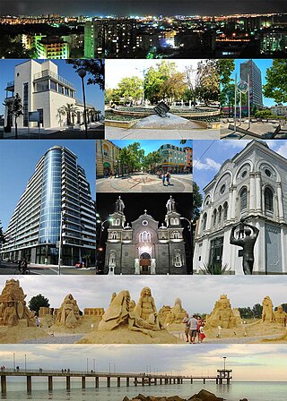 Top: View of Slaveikov district at Night, 2nd left: Marine Casino Center in Burgas Sea Garden, 2nd middle: A fountain in Tsaritsa Ioanna Square, 2nd right: View of Clock in Transportana shopping area, 3rd left: Panteona Complex Building, 3rd upper middle: Bogorids Street, 3rd lower middle: St. Cyril and Methodius Cathedral, 3rd right: Burgas Art Gallery, 4th: View of Burgas Sand Sculptures event in Sea Garden, Bottom: The Pier at the Burgas Central Beach