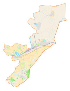 Mapa konturowa gminy Medyka, blisko centrum na prawo znajduje się punkt z opisem „Synagoga w Medyce”