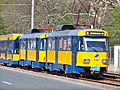 tram of "Leipzig transport services" consisting of two typical Tatra T4M and a low-floor trailer